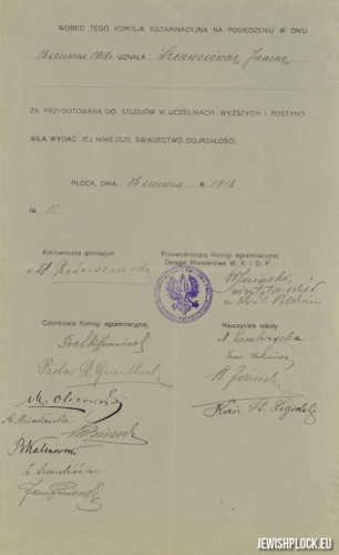 Janina Szenwic's school-leaving certificate (source: Archives of the University of Warsaw, reference number RP 2946)
